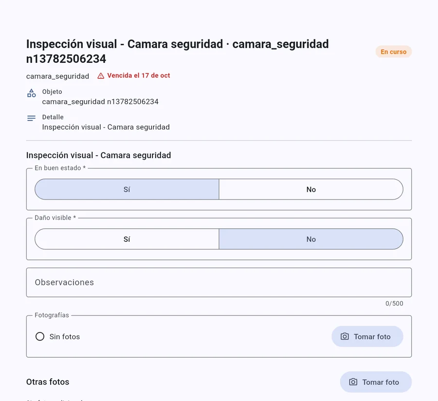 Formulario de inspección en la app Android, con preguntas de sí o no, observaciones y fotografías