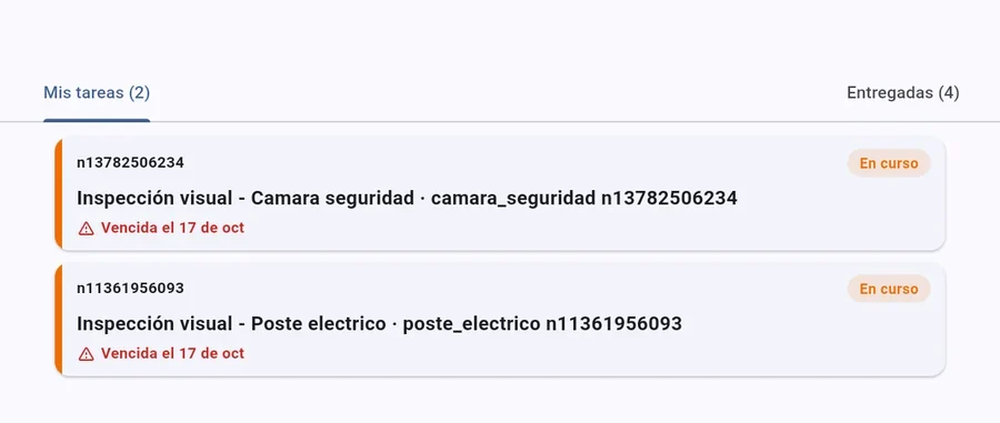 App Android del inspector con sus tareas pendientes y su fecha límite